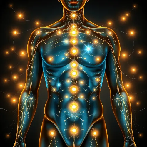 Detailed illustration of meridian lines on a human body with glowing energy points