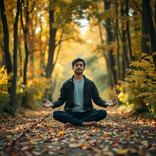 Person meditating in a serene autumn forest, symbolizing seasonal harmony
